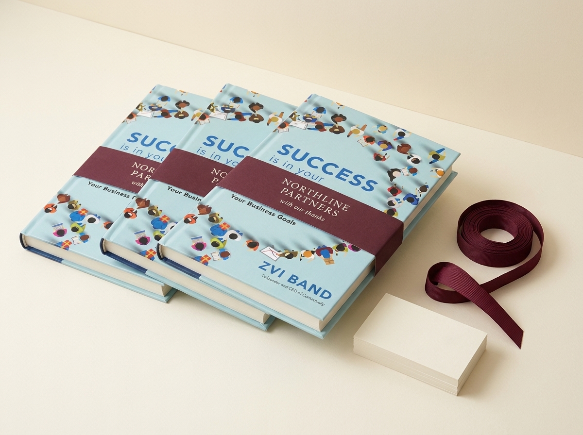 Three identical new hardcovers fanned out, each wrapped in a deep burgundy belly band printed with a company name, beside a stack of business cards and a roll of ribbon
