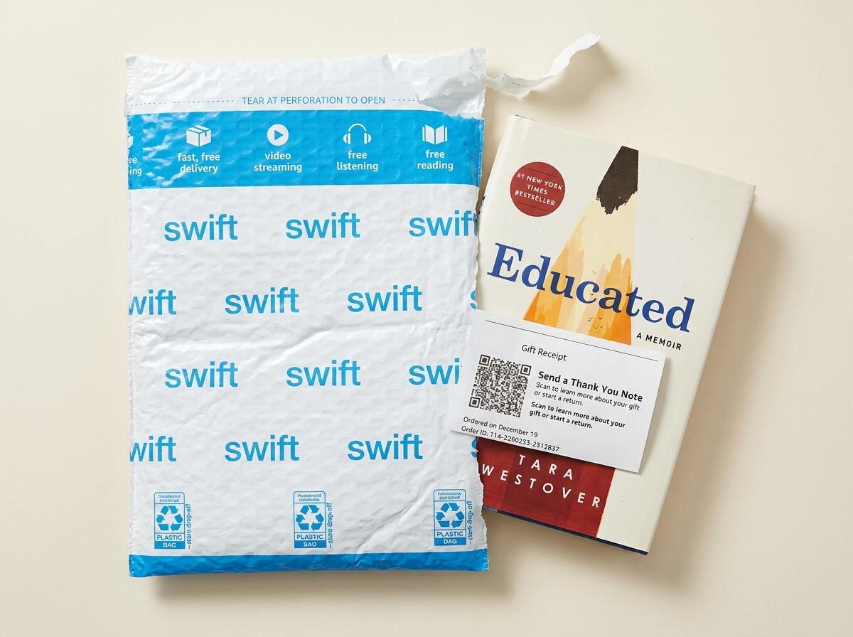 A torn blue-and-white plastic bubble mailer with a hardcover half out of it and a printed gift receipt with a QR code on top